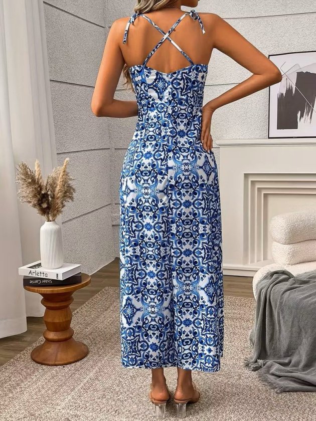 Women's Spaghetti Strap Cross-Back Tie Detail Slit Patterned Midi Supreme Dress