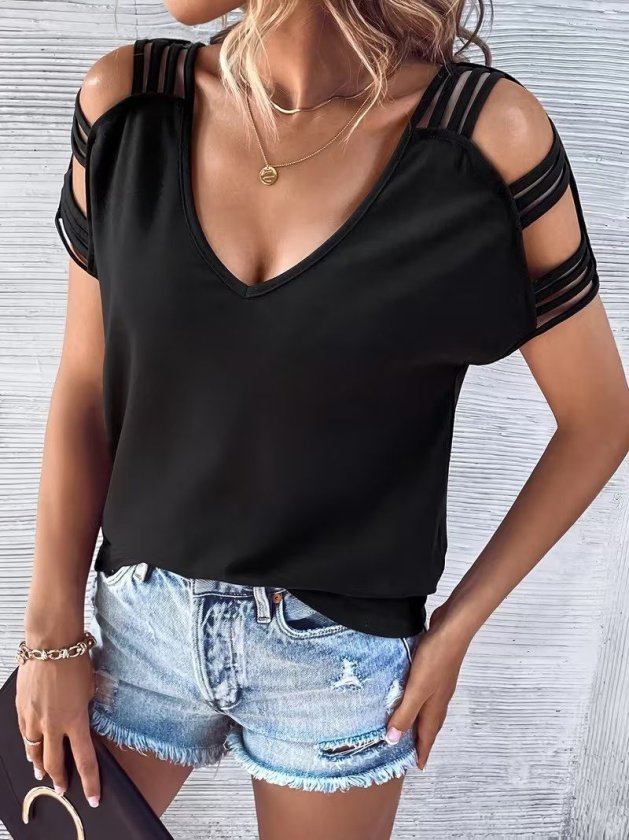 Women's Short Sleeve V Neck Stripe Detail Viscose Blouse