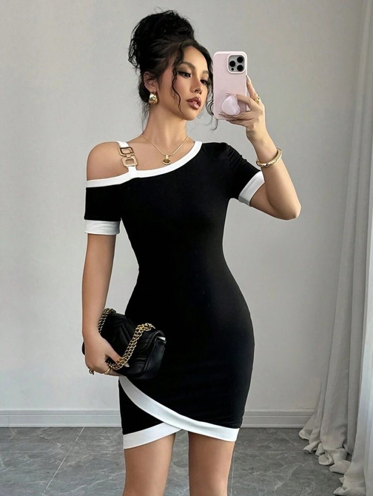 Women's Short Sleeve Asymmetric Cut Collar Stripe and Accessory Detailed Modal Dress