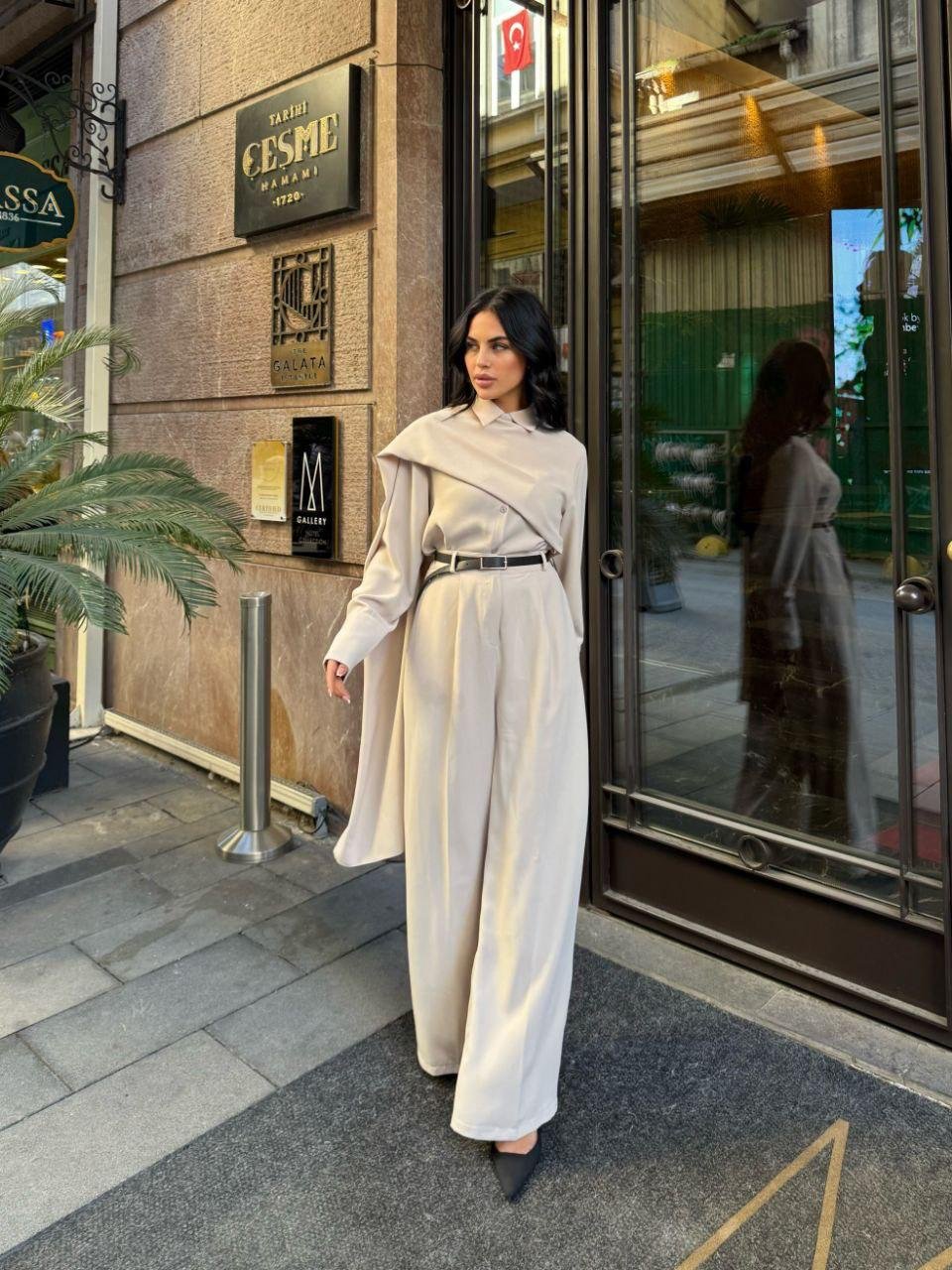 Women's Long Sleeve Shawl Detail Blouse and Pants Two-Piece Set (Belt Not Included)