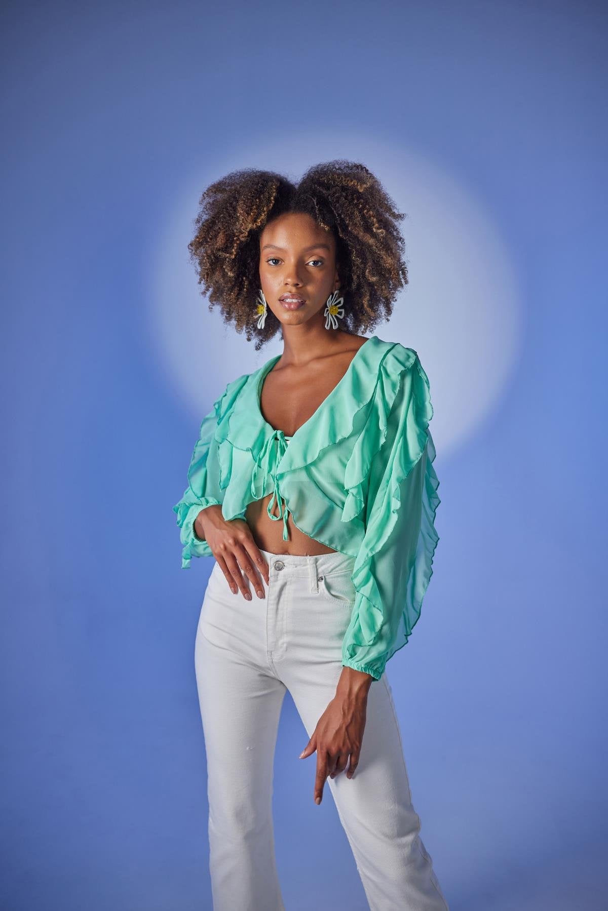 Crop Model Bağlamalı Kol Detaylı Elsa Bluz Yeşil