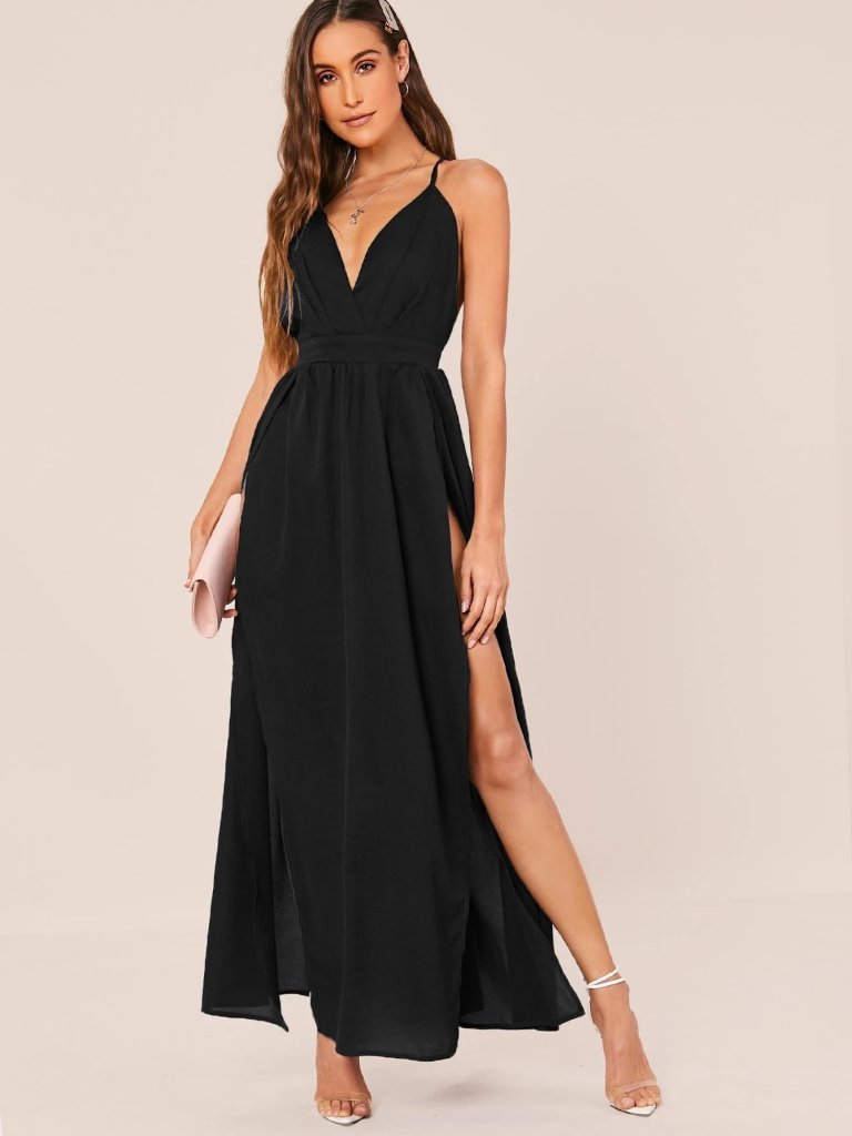 Women's Strap Wrap Slit Detail Local Crepe Long Dress