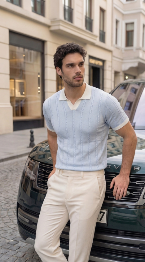 Men's Knitted Pattern Collar Short Sleeve Knit T-Shirt - 100% Cotton Acrylic
