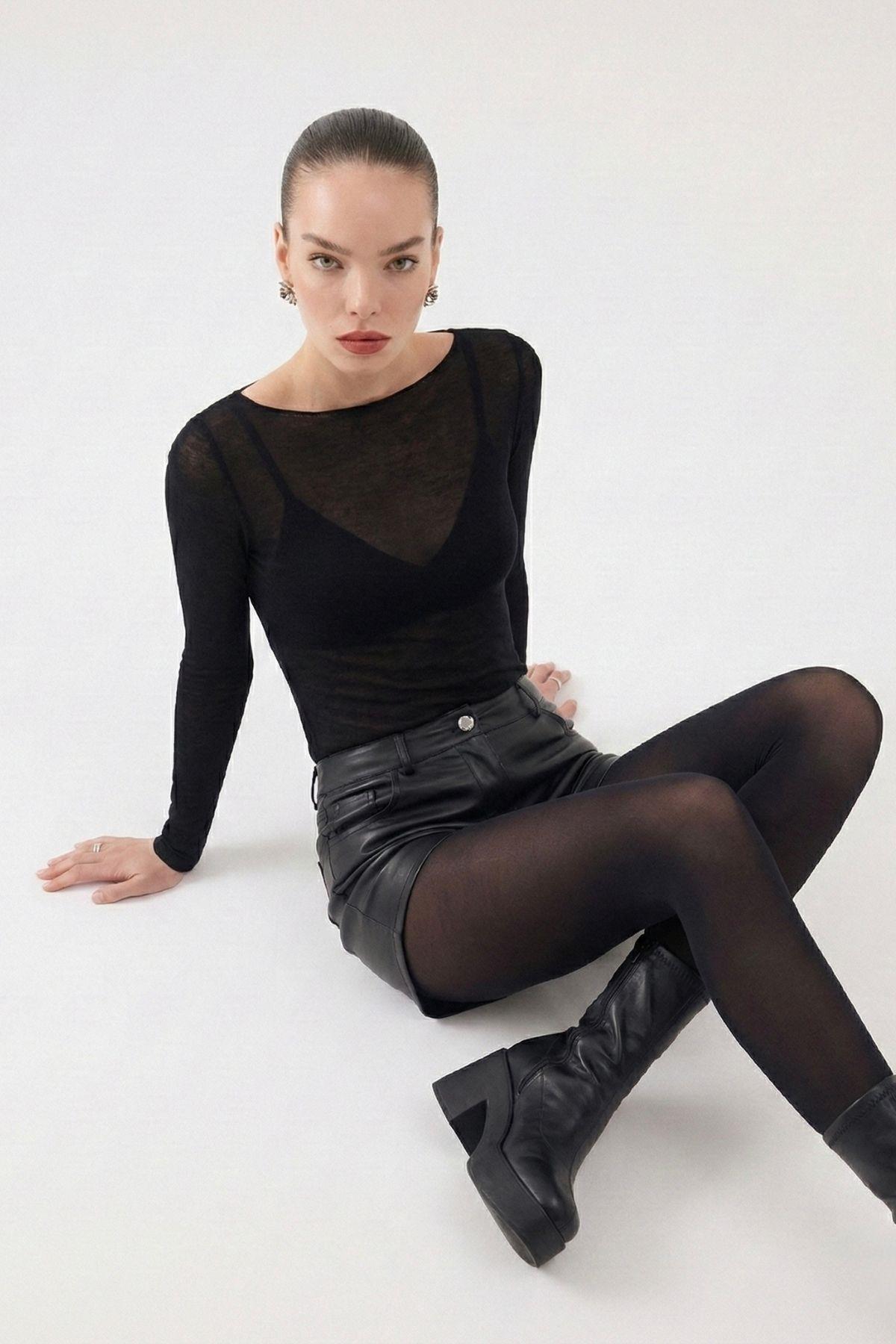 Yüksek Bel Mini Meghan Deri Şort Siyah