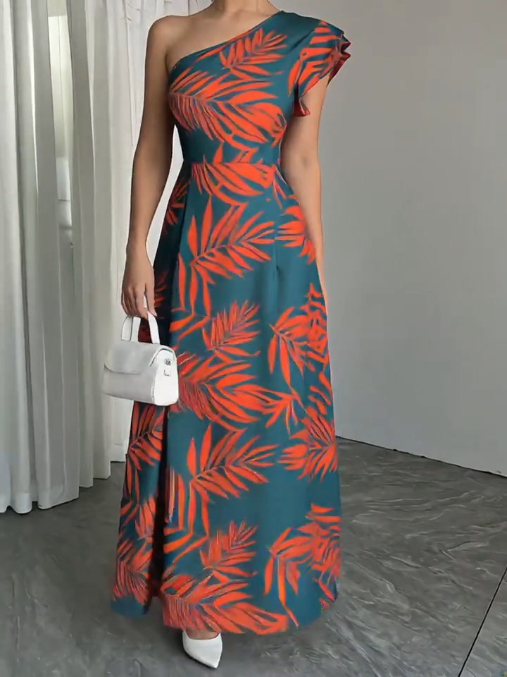 Women's One-Shoulder Open Slit Long Patterned Dress