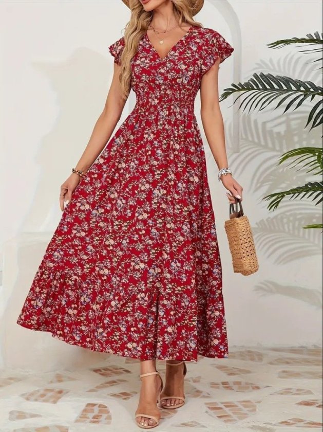 Women's Short Sleeve Wrap Neck Elastic Waist Floral Dress