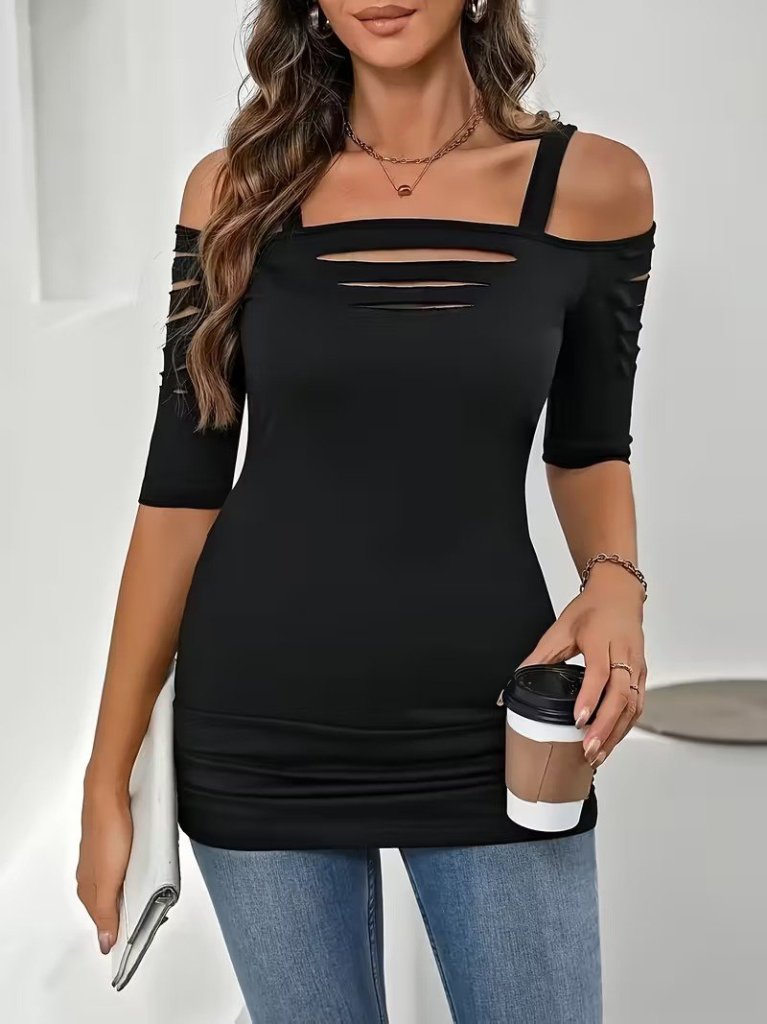 Women's Off-Shoulder Spaghetti Strap Laser Cut Detail Viscose Blouse