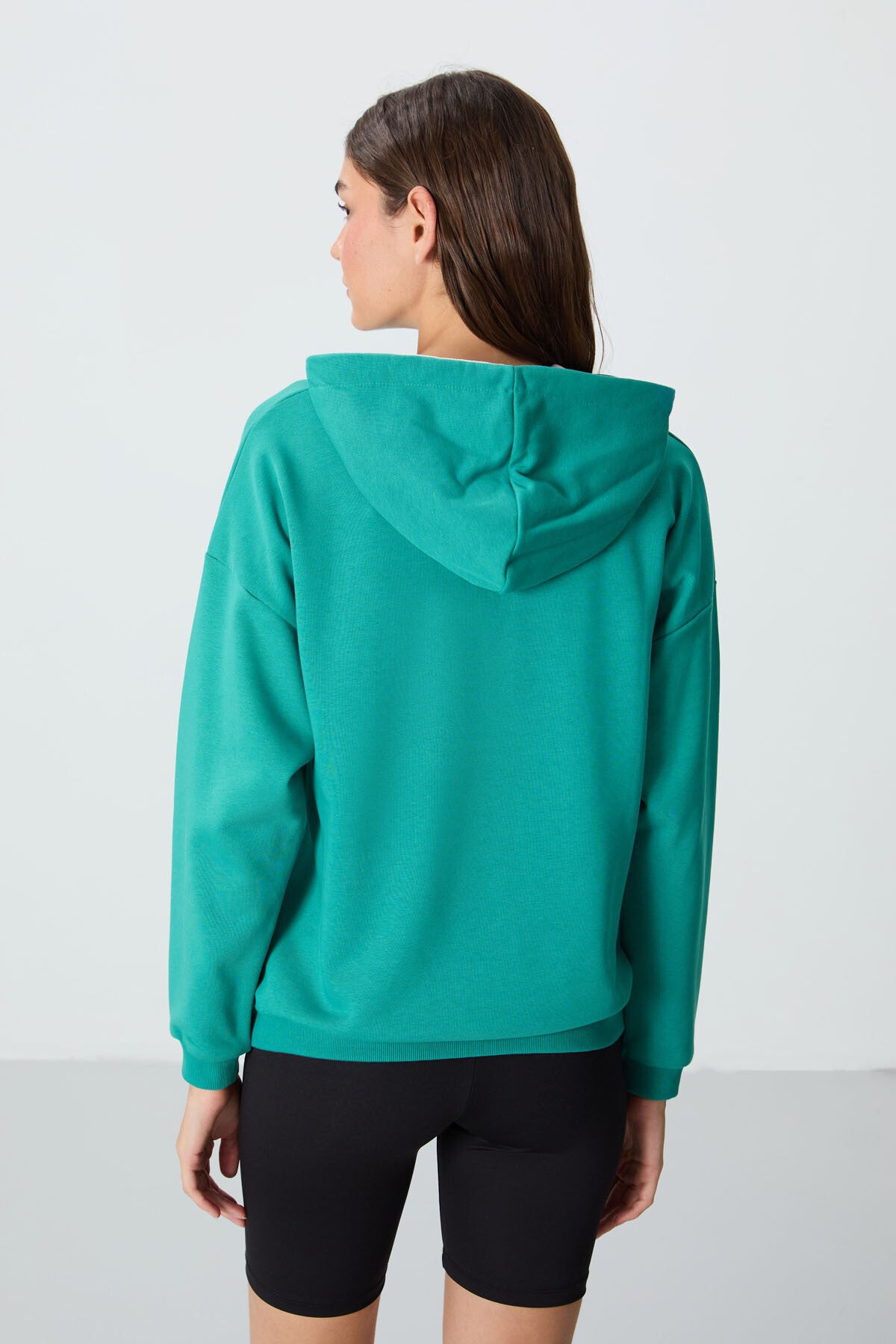 Deniz Yeşili Kompakt Pamuklu Kalın Pürüzsüz Dokulu Kapüşonlu Oversize Fit Kadın Sweatshirt - 97291