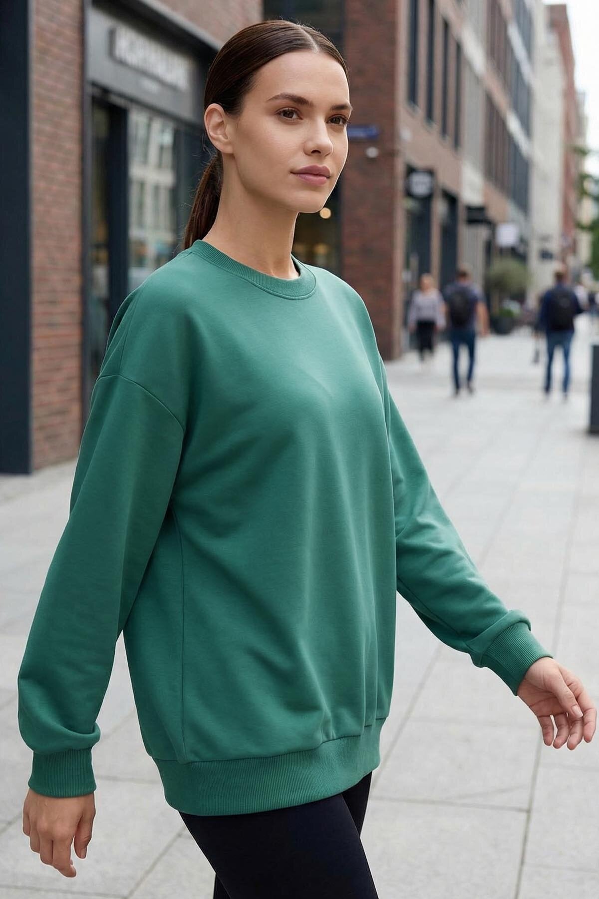 Deniz Yeşili Basic O Yaka Oversize Kadın Sweatshirt - 97053