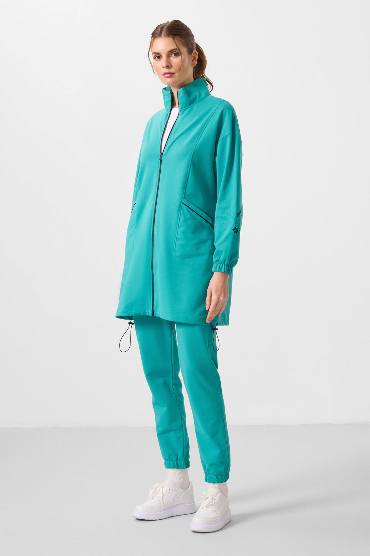 Deniz Yeşil Dik Yaka Fermuarlı Rahat Form Kadın Eşofman Tunik Takım - 95345