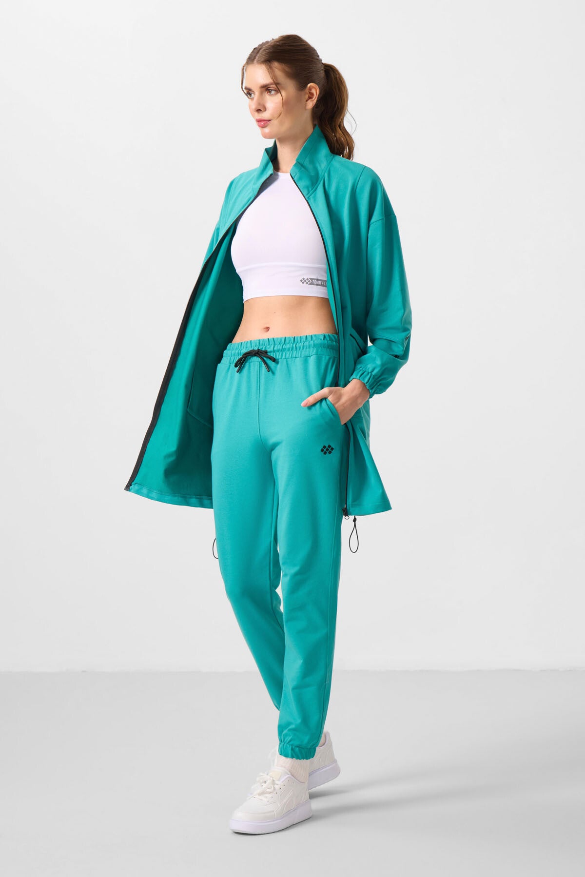 Deniz Yeşil Dik Yaka Fermuarlı Rahat Form Kadın Eşofman Tunik Takım - 95345