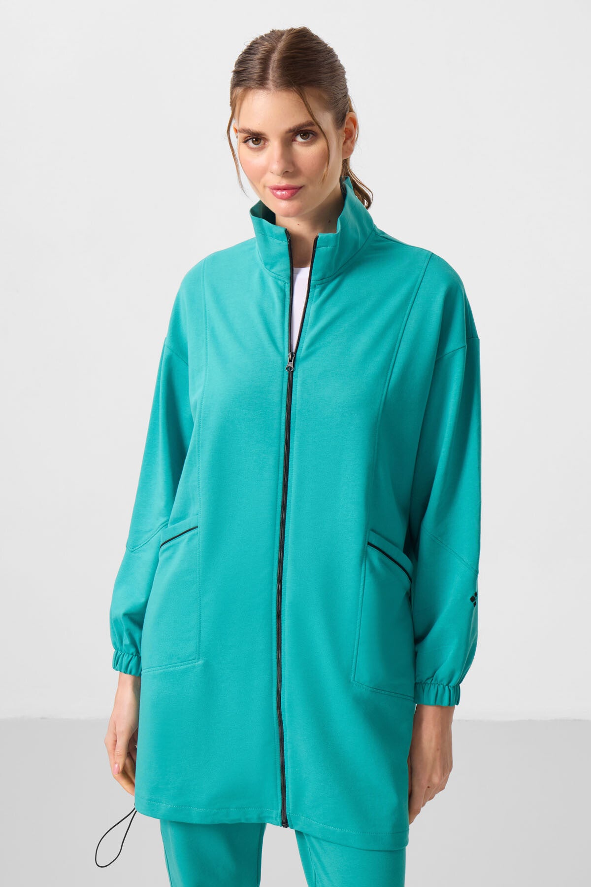 Deniz Yeşil Dik Yaka Fermuarlı Rahat Form Kadın Eşofman Tunik Takım - 95345