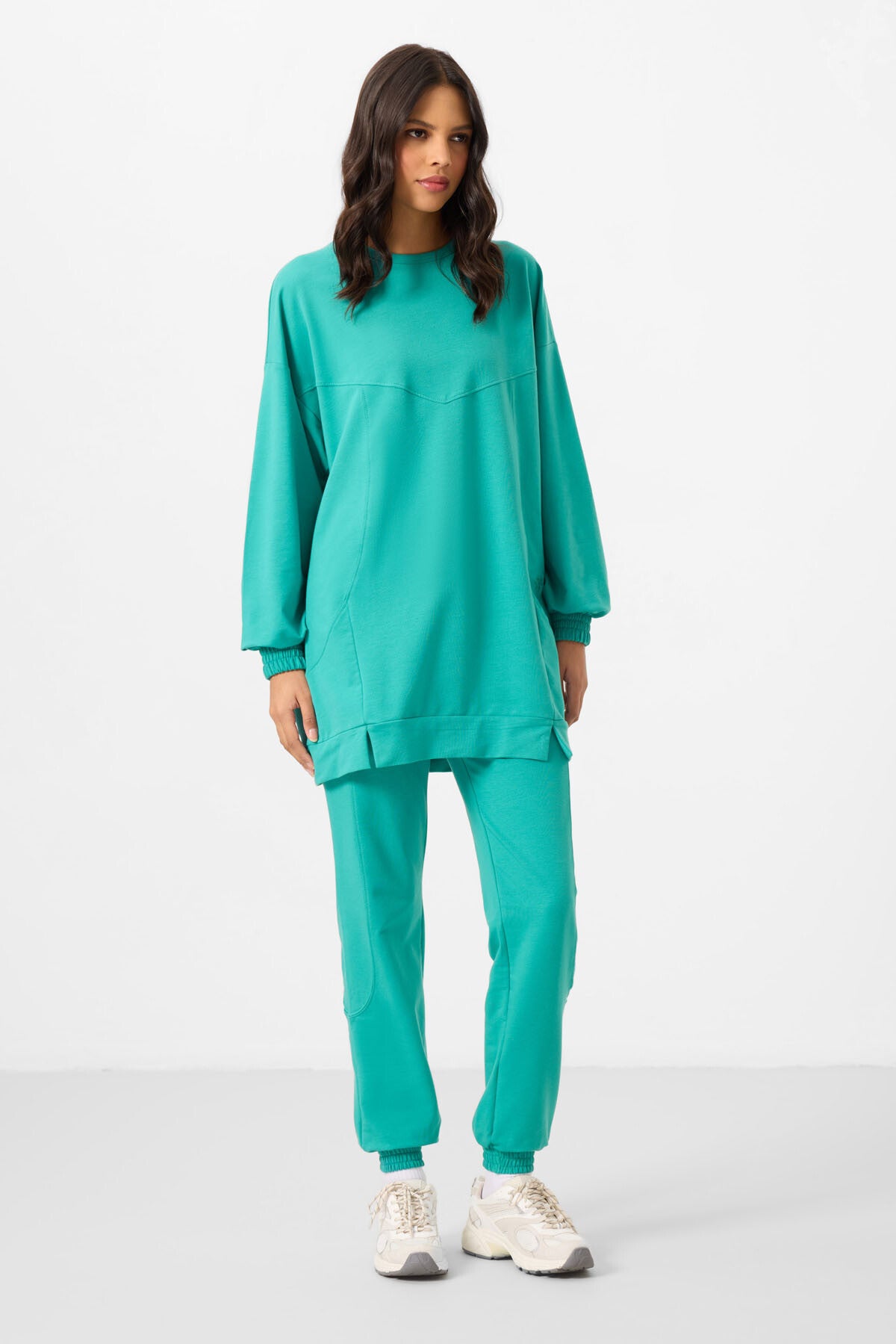 Deniz Yeşil O Yaka Basic Oversize Kadın Eşofman Tunik Takım - 95347