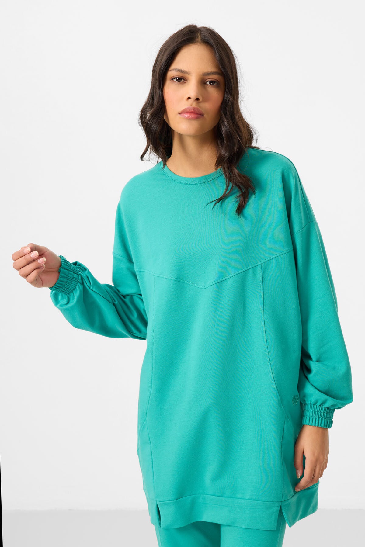 Deniz Yeşil O Yaka Basic Oversize Kadın Eşofman Tunik Takım - 95347