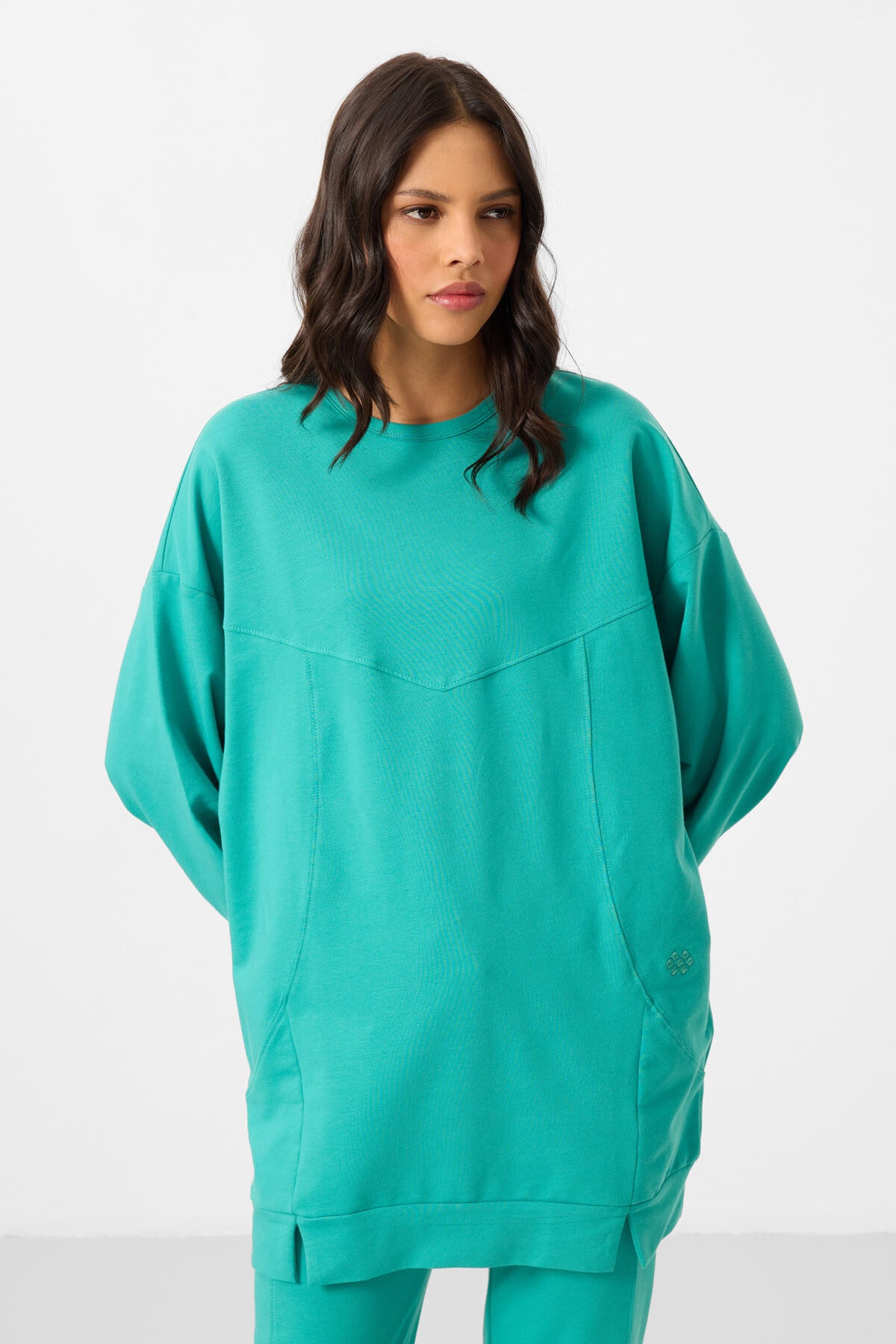 Deniz Yeşil O Yaka Basic Oversize Kadın Eşofman Tunik Takım - 95347