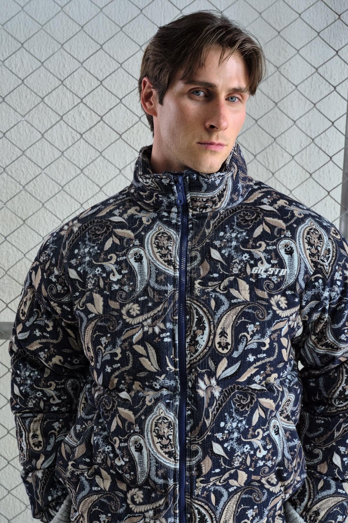 DESENLİ KADİFE ŞİŞME LACİVERT MONT