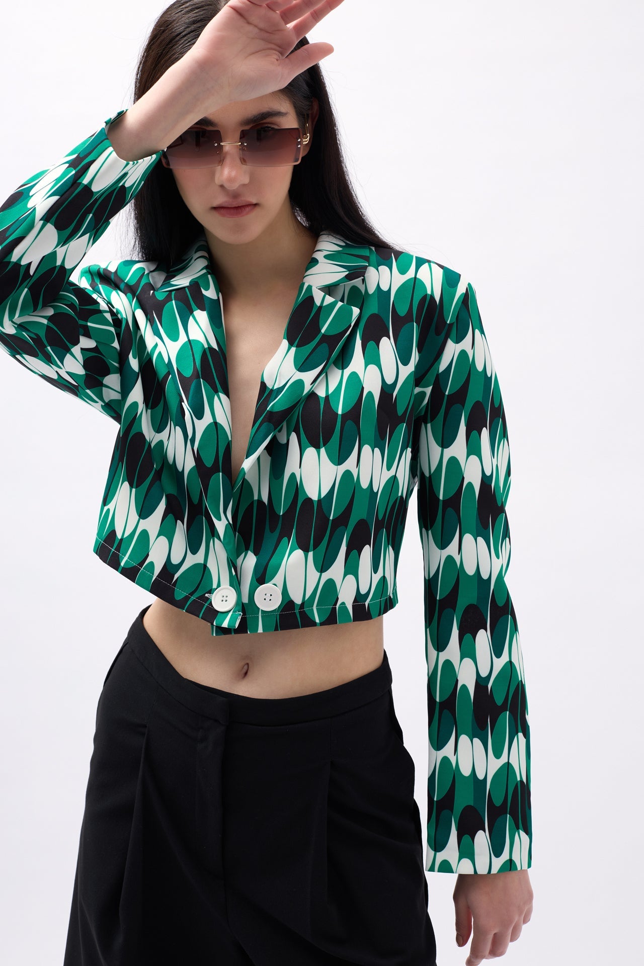 Desenli Yeşil Crop Ceket