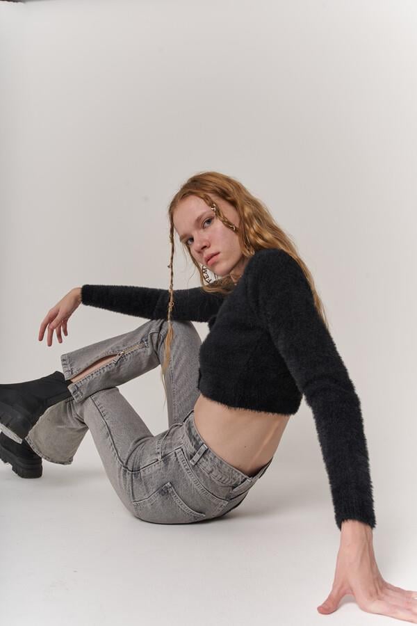 Likrasız Yüksek Bel Straight Kesim Toll Jean Pantolon Gri Gri M / 28