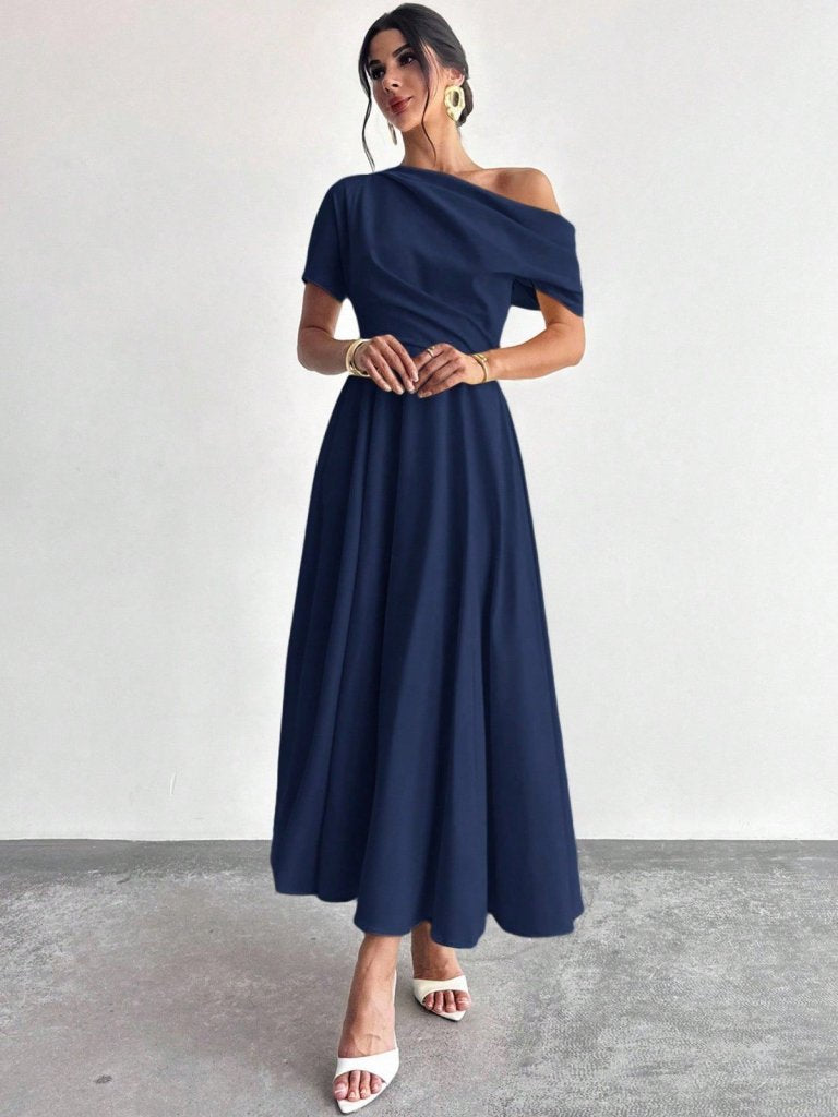 Women's Off-Shoulder Short Sleeve Pleated Shoulder Long Janjan Crepe Dress