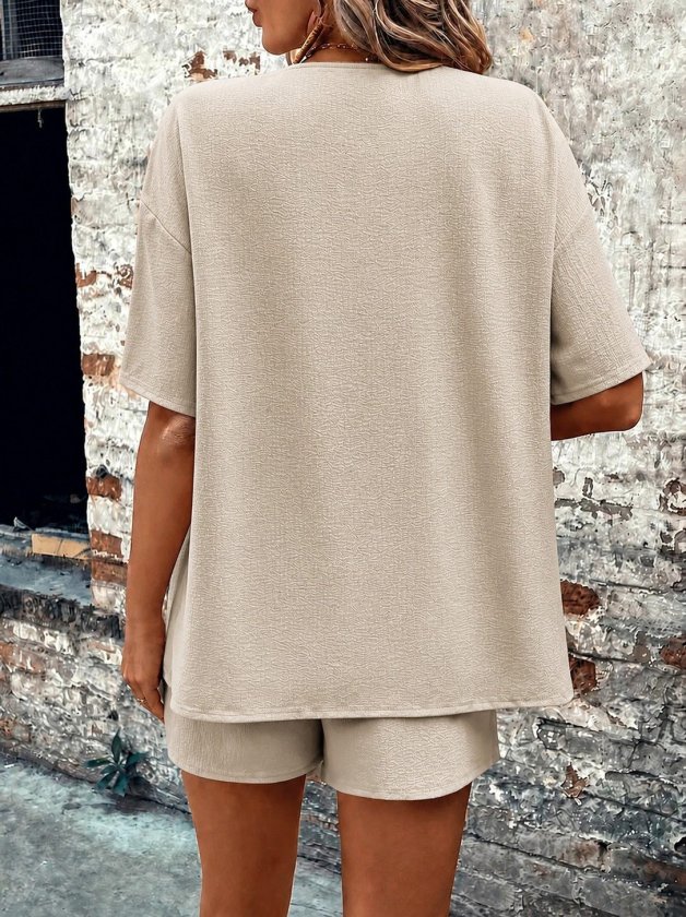 Women's Short Sleeve Open Front Crinkle Jacket and Shorts Two-Piece Set