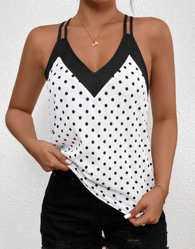 Women's Strap V-Neck Polka Dot Sandy Blouse
