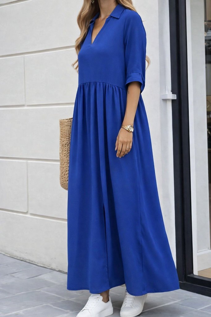 Women's Three-Quarter Sleeve V Neck Slit Long Aerobin Dress