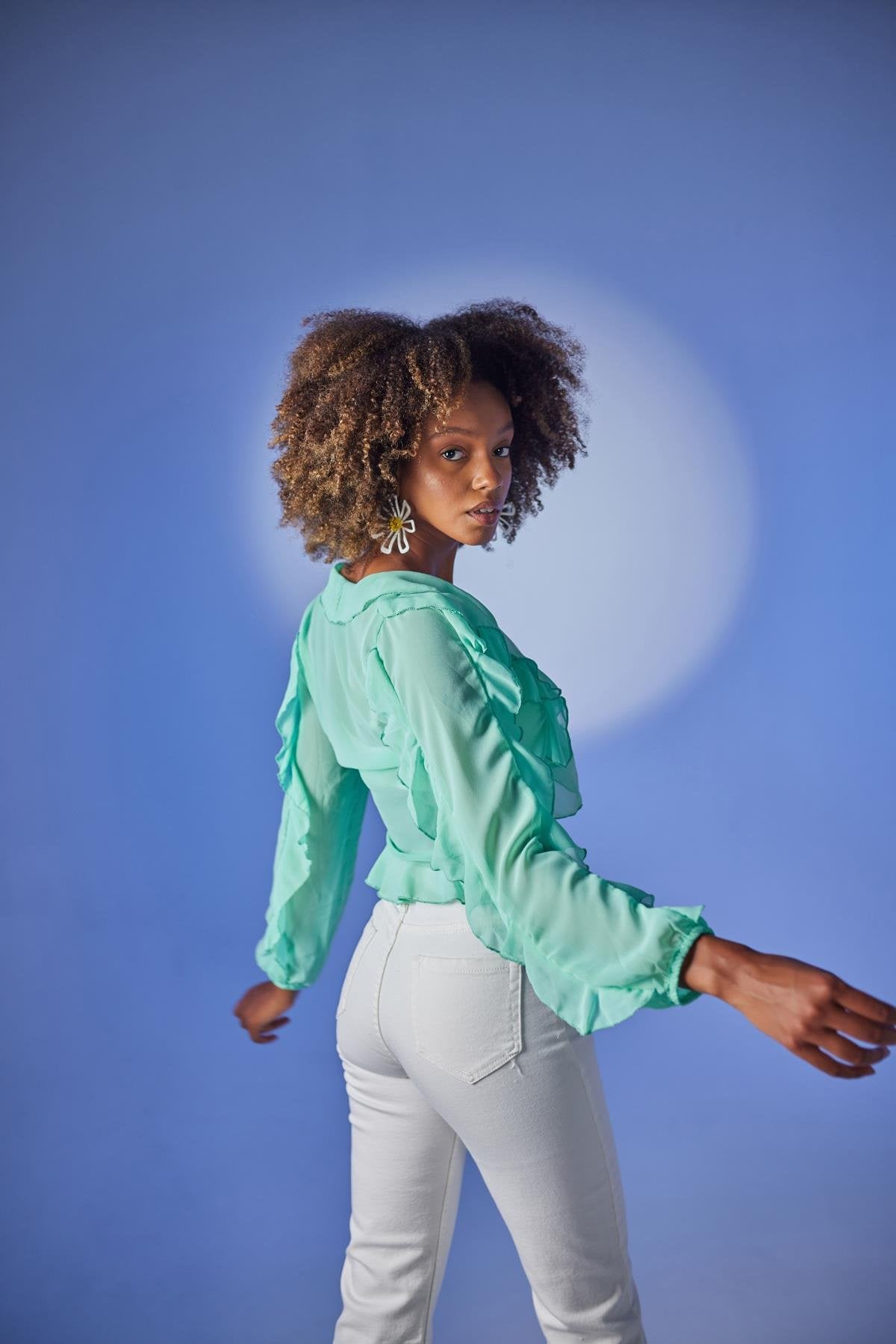 Crop Model Bağlamalı Kol Detaylı Elsa Bluz Yeşil