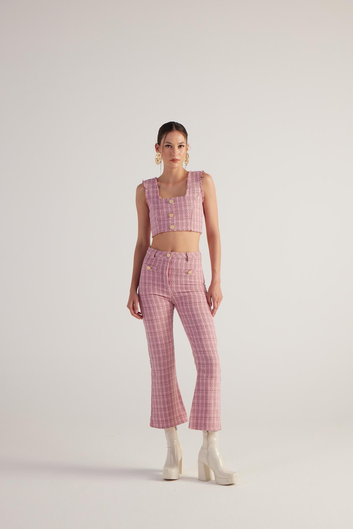 İspanyol Kesim Tüvit Tweed Pantolon Pembe
