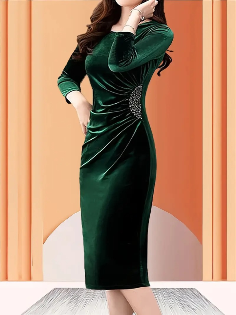 Women's Long Sleeve Turtleneck Side Stone Detail Midi Velvet Dress