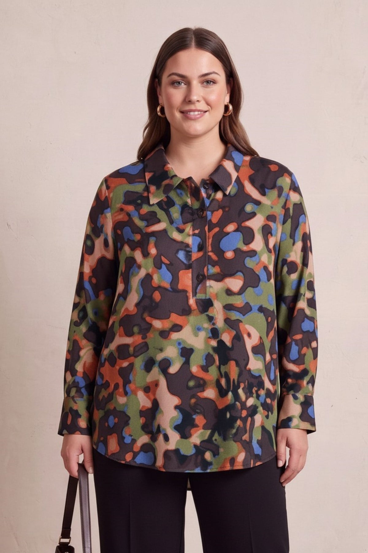 Dışı Parlak İçi Viskon Büyük Beden Bluz Kahve