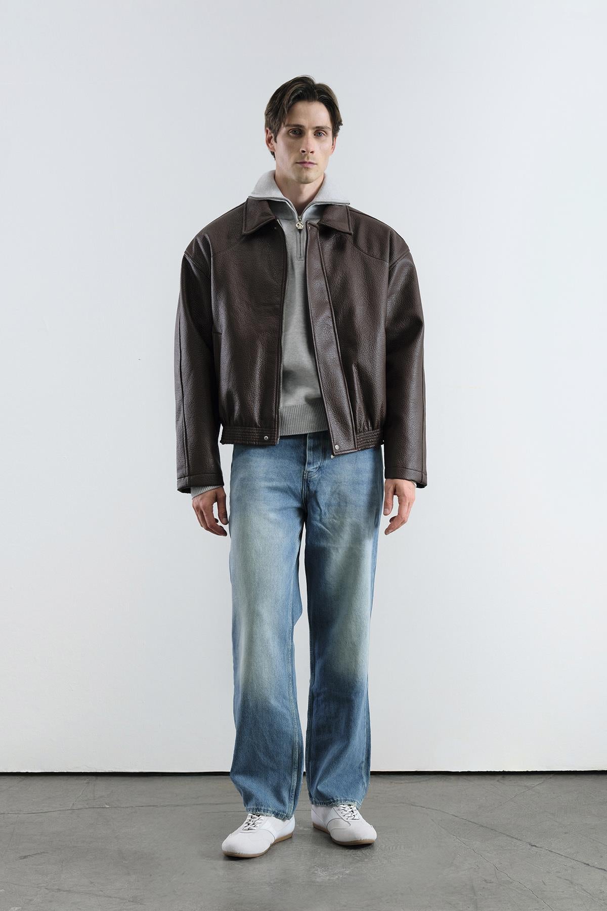 DOKULU KAHVERENGİ DERİ CEKET