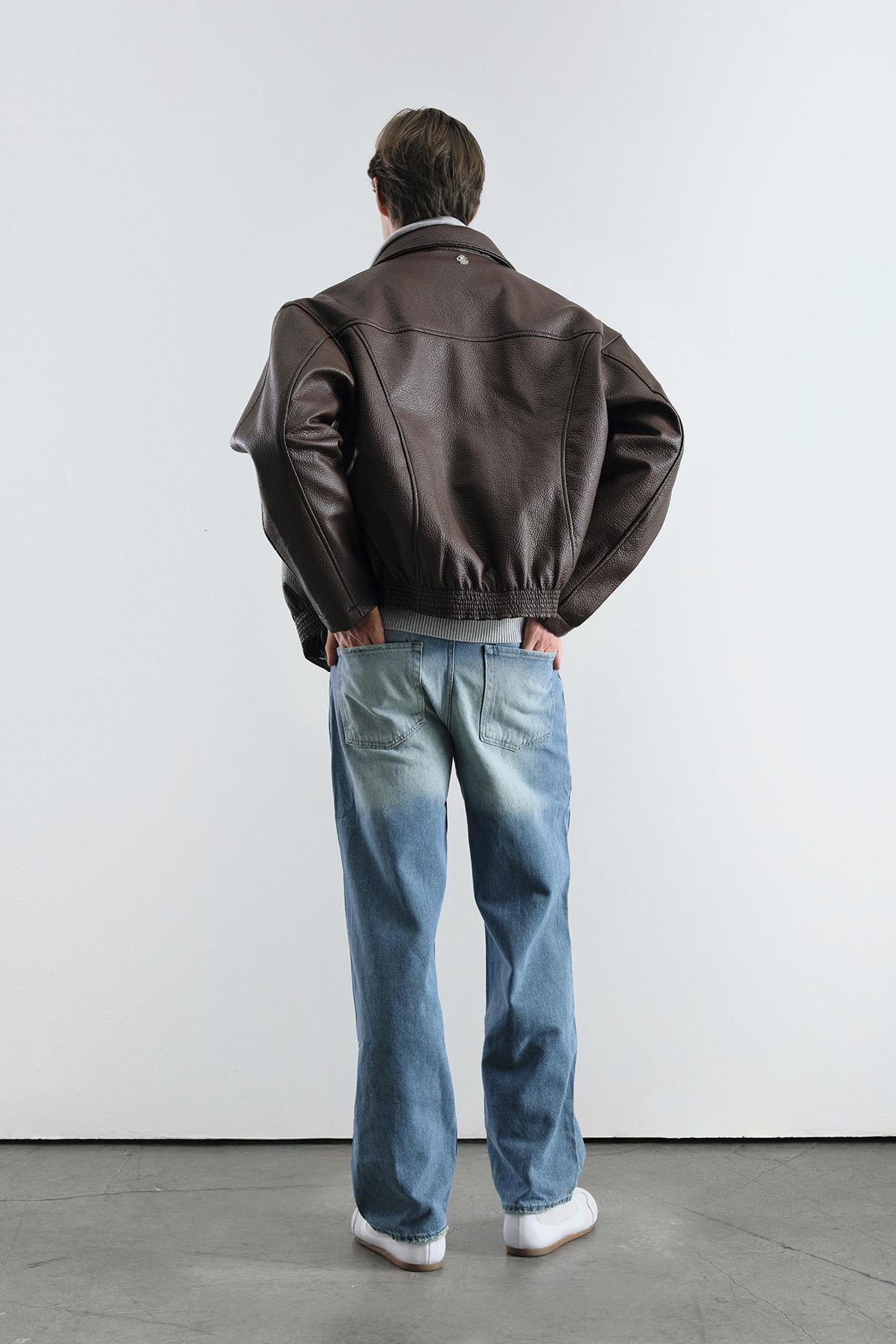 DOKULU KAHVERENGİ DERİ CEKET