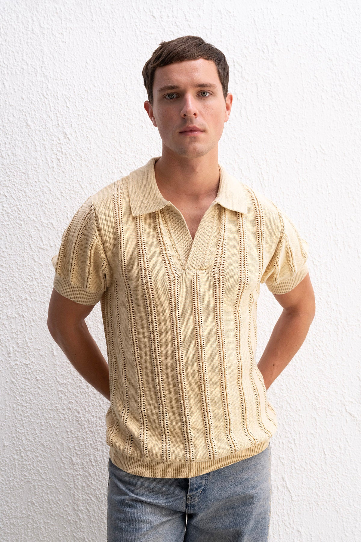 DOKULU POLO YAKA TRİKO BEJ T-SHIRT
