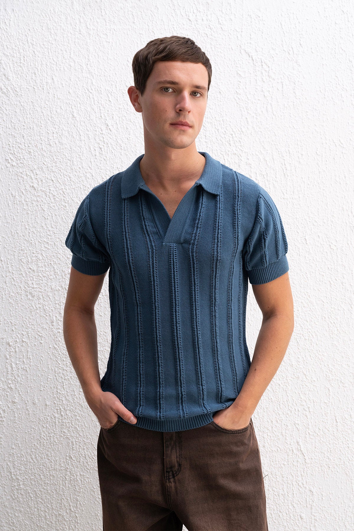 DOKULU POLO YAKA TRİKO İNDİGO T-SHIRT