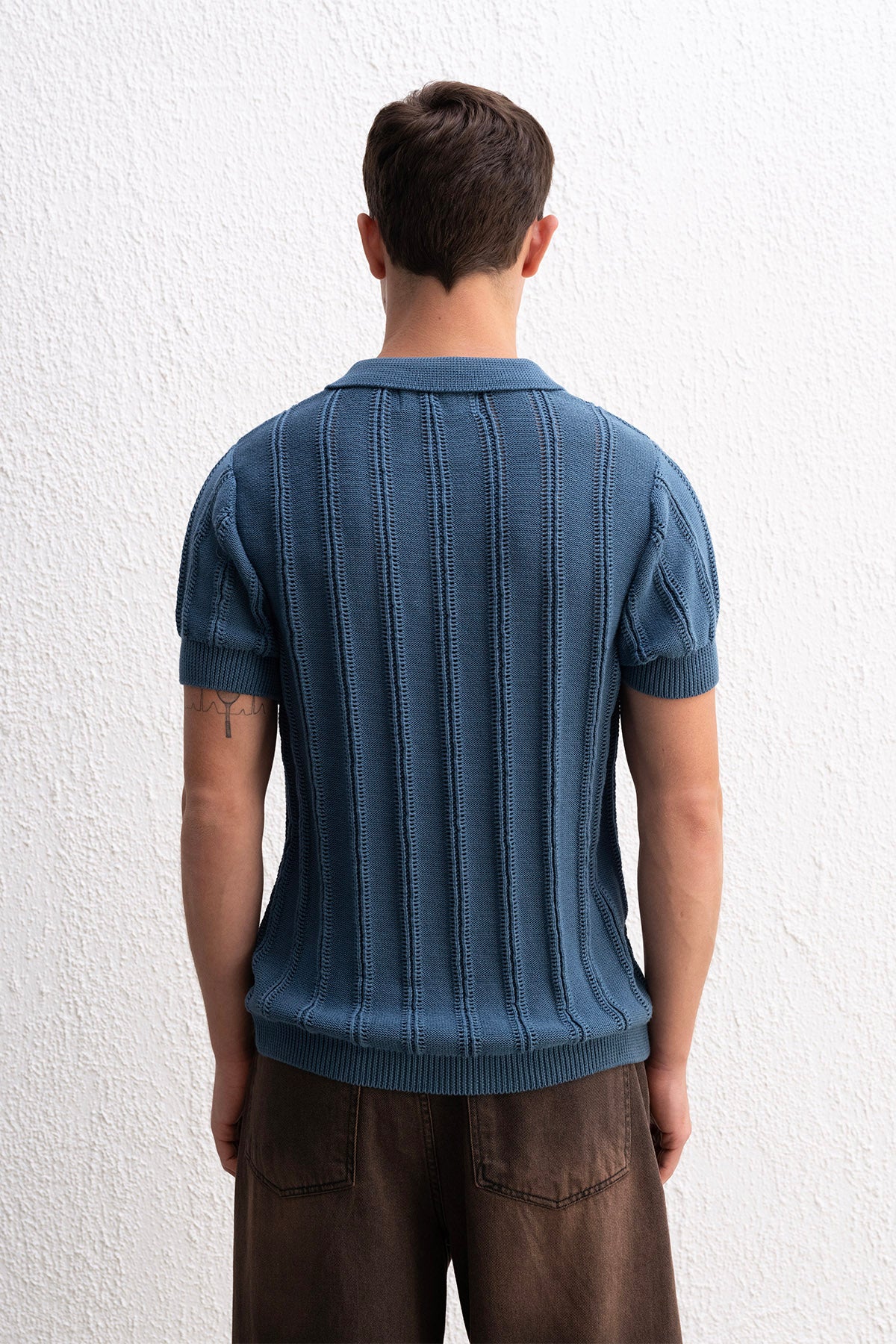 DOKULU POLO YAKA TRİKO İNDİGO T-SHIRT - İNDİGO L