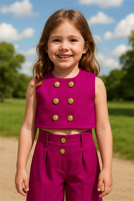 Düğme Detaylı Yelek ve Pantolon Fuşya 14 Yaş