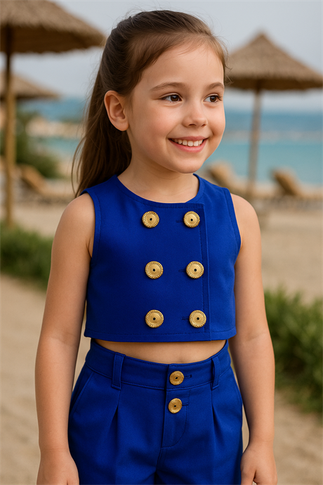 Düğme Detaylı Yelek ve Pantolon Saks 4 Yaş