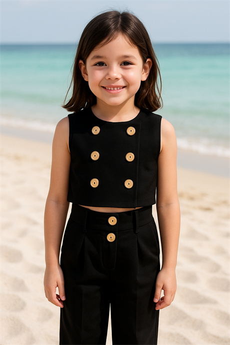 Düğme Detaylı Yelek ve Pantolon Siyah 8 Yaş