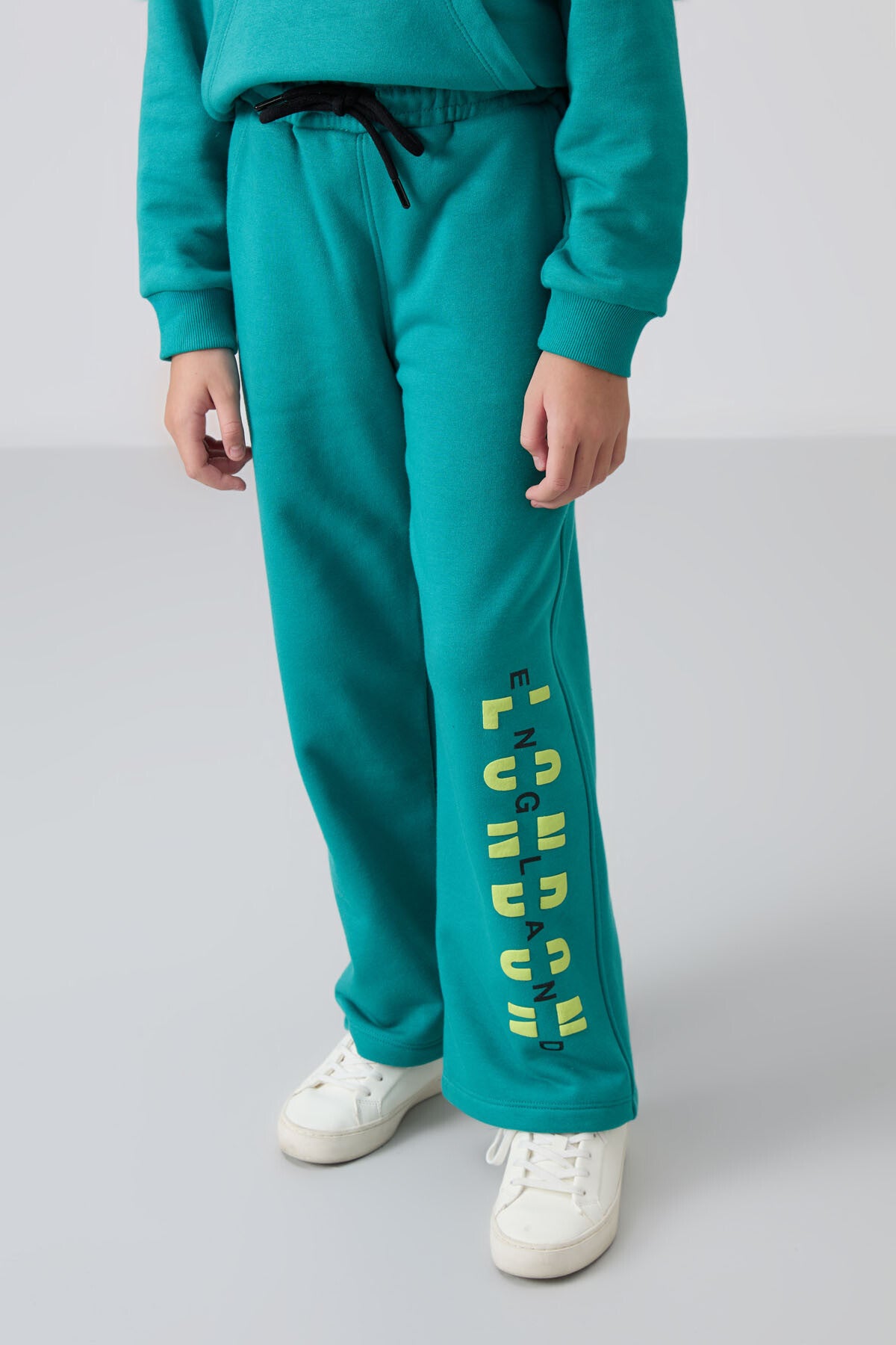 Deniz Yeşil Pamuklu İçi Tüylü Yumuşak Dokulu Oversize Baskılı Kız Çocuk Eşofman Takım - 75147