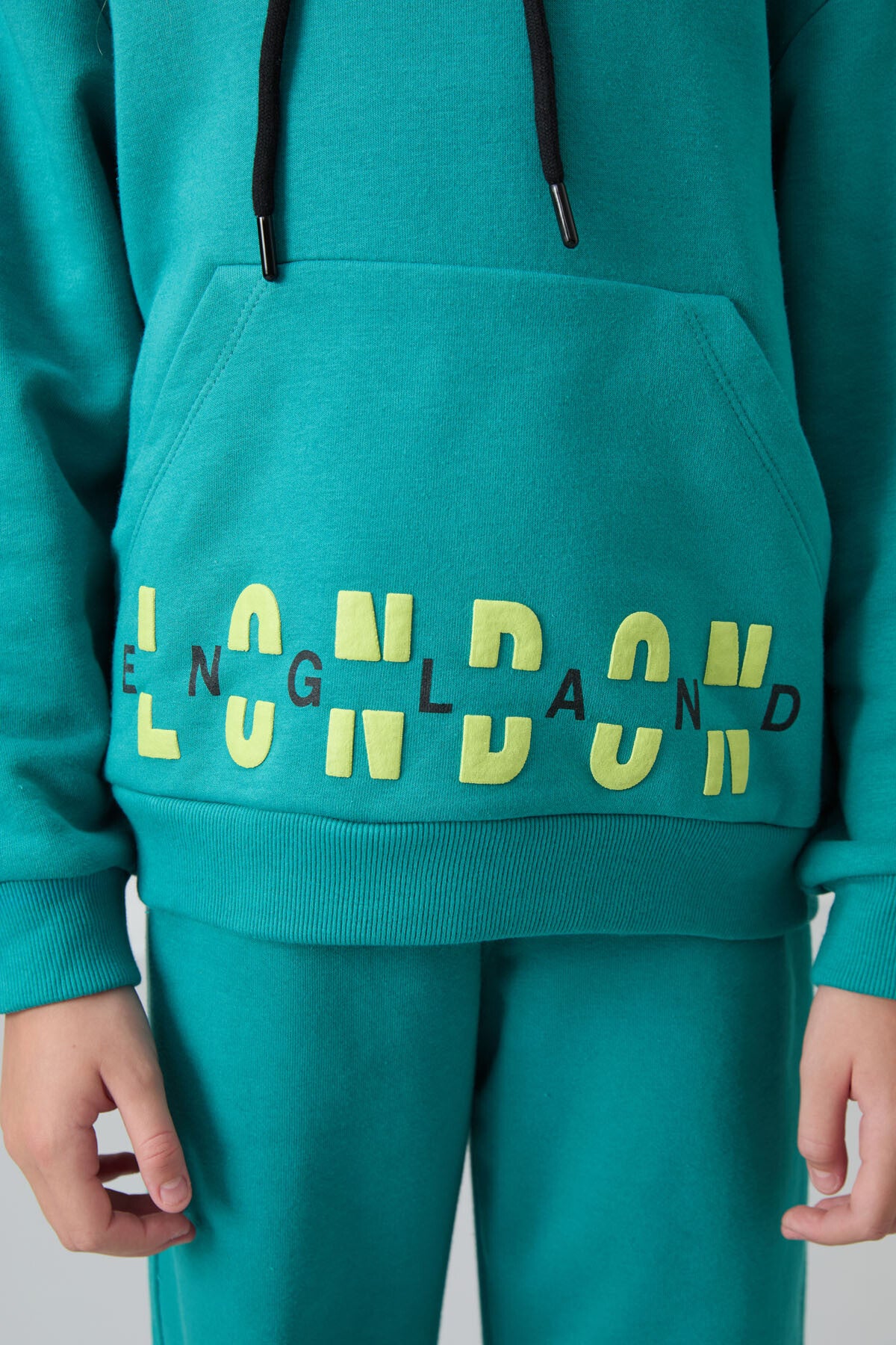 Deniz Yeşil Pamuklu İçi Tüylü Yumuşak Dokulu Oversize Baskılı Kız Çocuk Eşofman Takım - 75147