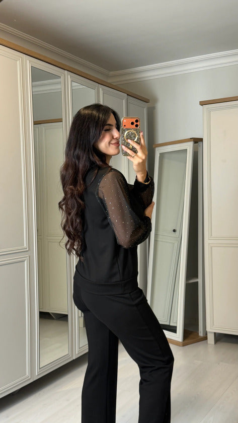 Kolları Taşlı Tül Detaylı İkili Takım
