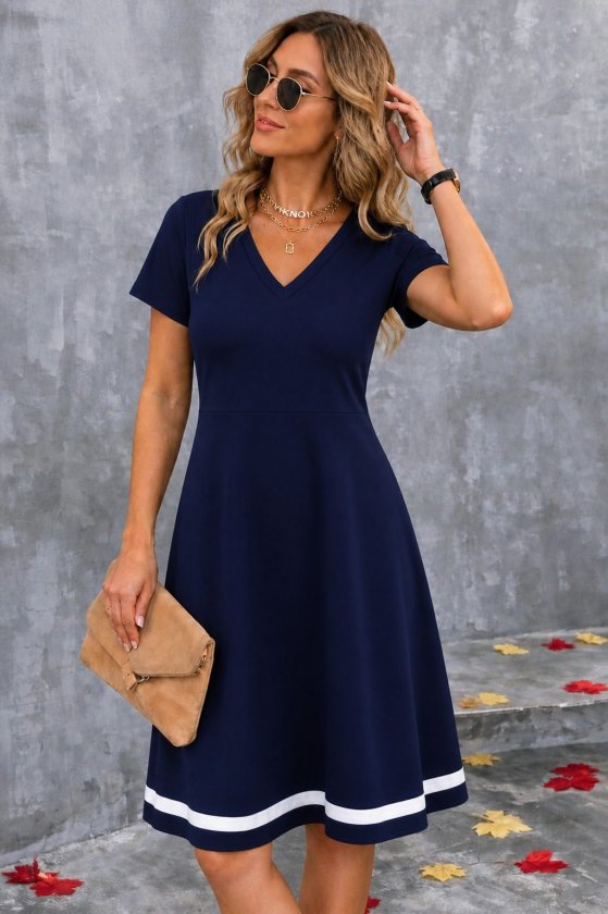 Women's Short Sleeve V-Neck Hem Striped Midi Ruffled Crepe Dress