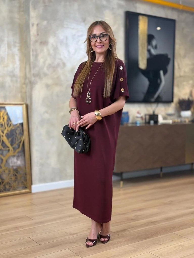 Women's Short Sleeve Crew Neck Shoulder Button Long Viscose Double Thread Dress