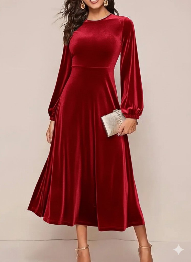 Women's Long Sleeve Crew Neck Midi Velvet Dress