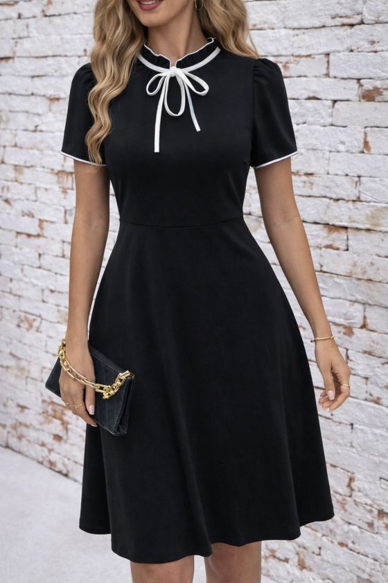 Women's Short Sleeve Neck Tie and Ruffled Midi Ruffle Crepe Dress
