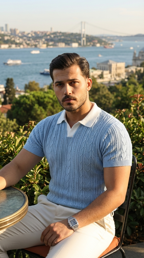 Men's Patterned Short Sleeve Knit T-Shirt - 100% Cotton Acrylic