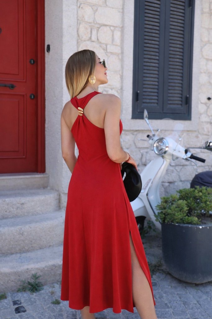 Women's Off-Shoulder Back Buckle Detail Slit Long Viscose Dress