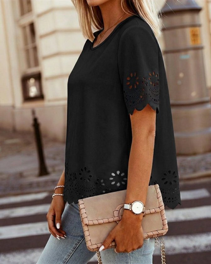Women's Short Sleeve Crew Neck Laser Flower Printed Imported Crepe Blouse