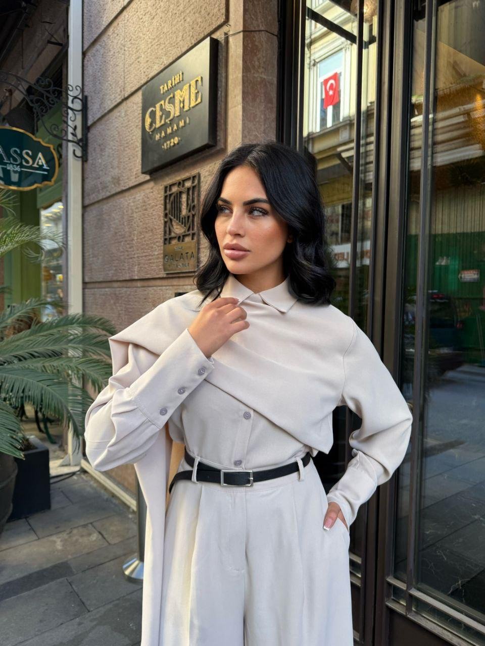Women's Long Sleeve Shawl Detail Blouse and Pants Two-Piece Set (Belt Not Included)