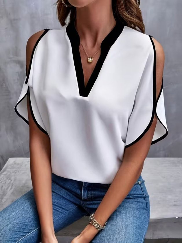 Women's Short Sleeve V Neck Imported Crepe Blouse